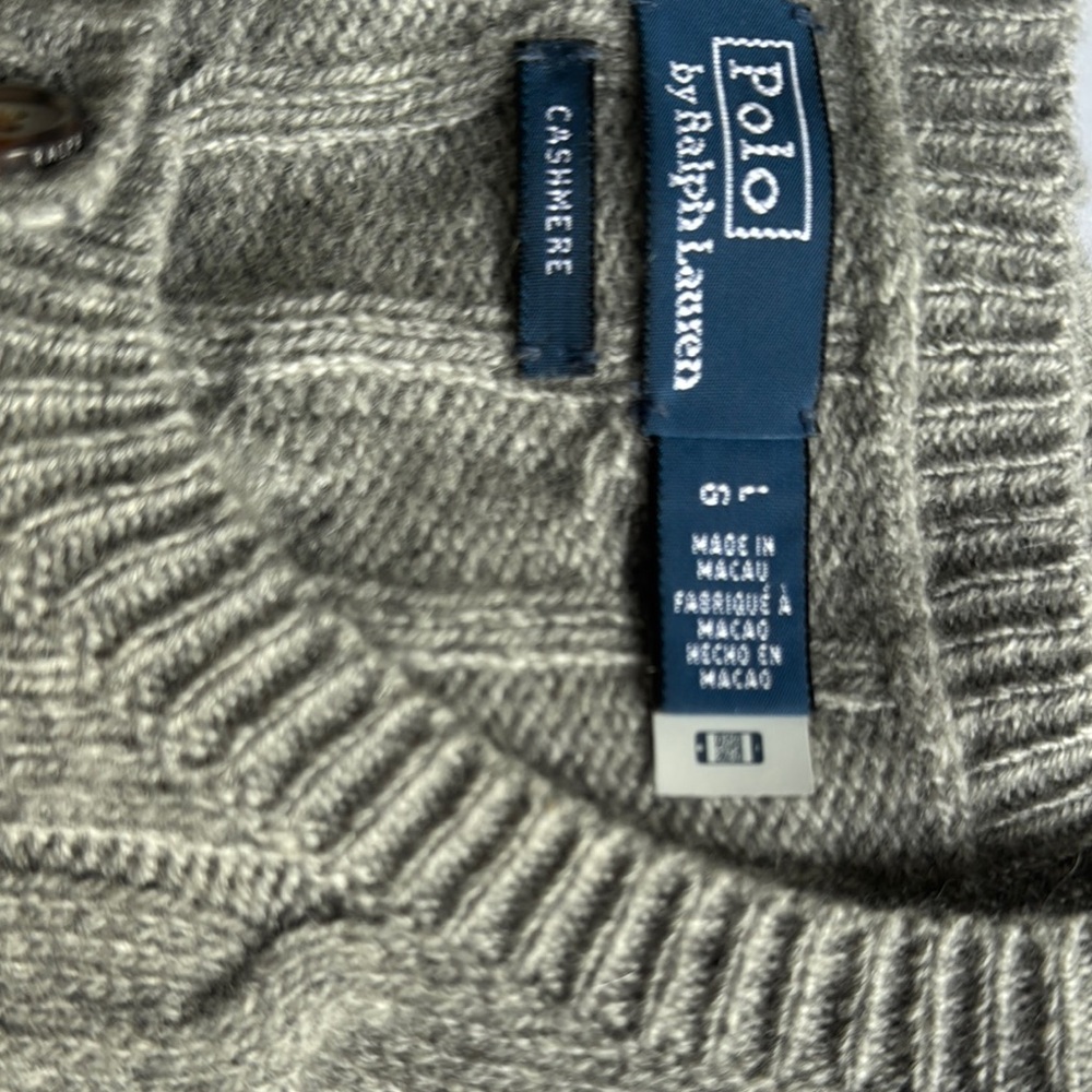 Polo Ralph Lauren Grey CASHMERE (L)Cable-Knit SFA Crewneck Cardigan -Like New - Picture 8 of 14